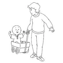 Dibujo de Caillou llevado en un carrito por su papá para colorear