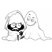 Dibujo de Calimero disfrazado de fantasma junto a un fantasma sonriente para colorear