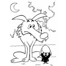Dibujo de Calimero frente a un gran lobo de noche para colorear