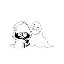 Dibujo de Calimero disfrazado de brujito junto a un fantasma para colorear