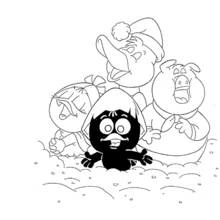 Dibujo de Calimero rodeado de sus amigos en la nieve para colorear