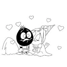 Dibujo de Calimero y Priscilla rodeados de corazones para colorear