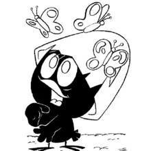 Dibujo de Calimero observando mariposas volar para colorear