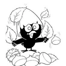Dibujo de Calimero jugando con hojas de otoño y castañas para colorear