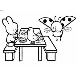 Dibujo de Didou escribiendo cartas con una paloma y Yoko para colorear