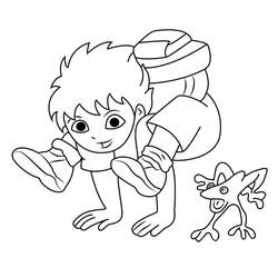 Dibujo de Diego agachado junto a una rana para colorear