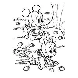 Dibujo de Bebé Mickey y bebé Minnie recogiendo bellotas para colorear
