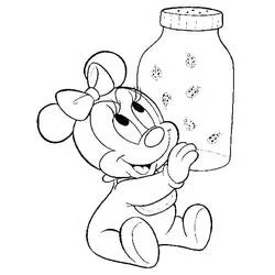 Dibujo de Minnie Mouse bebé mirando un frasco de mariquitas para colorear