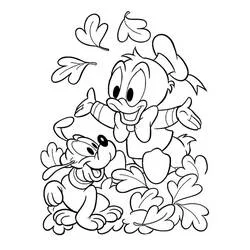 Dibujo de Bebé Pato Donald y Pluto jugando entre hojas para colorear