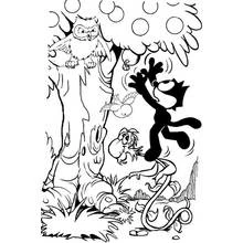Dibujo de Félix el Gato cogiendo una naranja del árbol para colorear