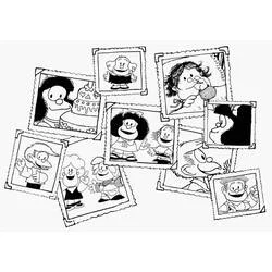 Dibujo de Mafalda y sus amigos en un collage de fotos para colorear