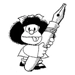 Dibujo de Mafalda sosteniendo una pluma gigante para colorear