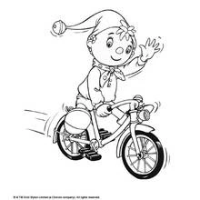 Dibujo de Noddy montando en bicicleta y saludando para colorear