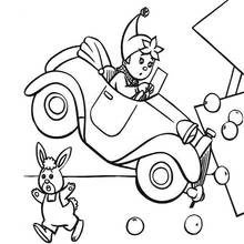 Dibujo de Noddy conduciendo su coche con un conejo sorprendido para colorear