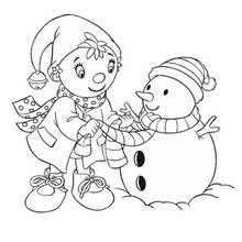 Dibujo de Noddy construyendo un muñeco de nieve para colorear