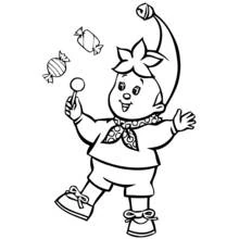 Dibujo de Noddy sosteniendo una piruleta rodeado de caramelos para colorear