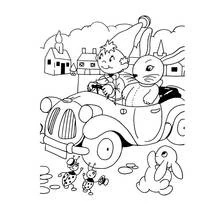 Dibujo de Noddy conduciendo su coche con un amigo conejo para colorear