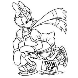 Dibujo de Pata Daisy patinando sobre hielo cerca de un cartel para colorear