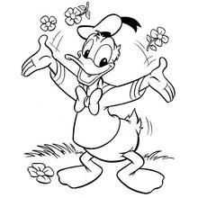 Dibujo de Pato Donald lanzando flores con alegría para colorear