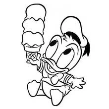Dibujo de Pato Donald sosteniendo un cono de helado gigante para colorear