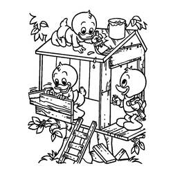 Dibujo de Pato Donald: los sobrinos construyen una cabaña para colorear