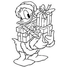 Dibujo de Pato Donald cargando regalos de Navidad para colorear