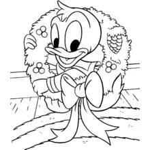 Dibujo de Pato Donald asomando por una corona navideña para colorear