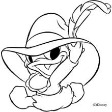 Dibujo de Pato Donald con un gran sombrero con pluma para colorear