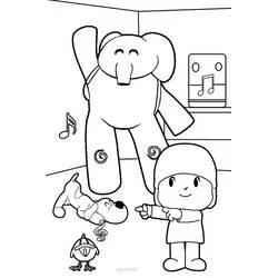 Dibujo de Pocoyó con Elly, Pato y Loula en una habitación para colorear