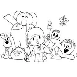 Dibujo de Pocoyó y sus amigos celebrando con medallas y una antorcha para colorear