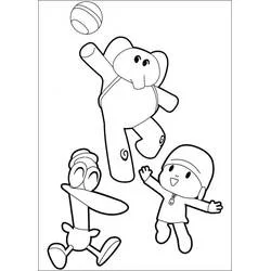 Dibujo de Pocoyó jugando a la pelota con Elly y Pato para colorear