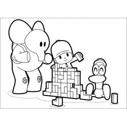 Dibujo de Pocoyó construye una torre con Elly y Pato para colorear