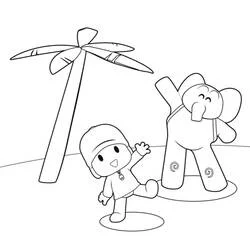 Dibujo de Pocoyó y Elly saludando bajo una palmera para colorear