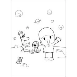 Dibujo de Pocoyó saludando con Pato y sus amigos en el espacio para colorear