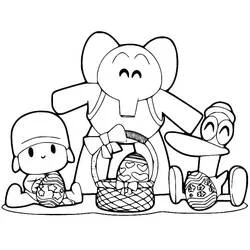 Dibujo de Pocoyó, Elly y Pato celebrando la Pascua para colorear