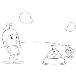 Dibujo de Pocoyó, Dodoloiseau y Bébéloiseau jugando juntos para colorear
