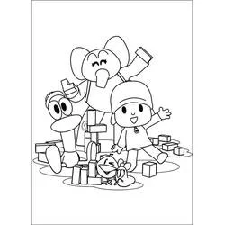 Dibujo de Pocoyó jugando con sus amigos y bloques de construcción para colorear