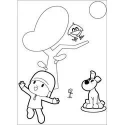 Dibujo de Pocoyó jugando bajo un árbol con Pato y Loula para colorear