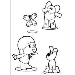 Dibujo de Pocoyó con Elly, Pato y una mariposa para colorear