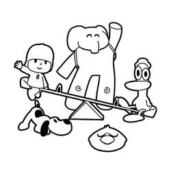 Dibujo de Pocoyó y sus amigos juegan en un sube y baja para colorear