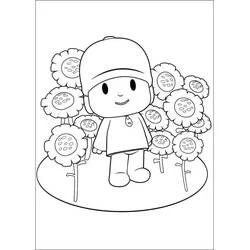 Dibujo de Pocoyó de pie entre grandes flores para colorear
