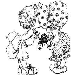 Dibujo de Sarah Kay niño regalando flores a una niña para colorear