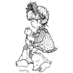 Dibujo de Sarah Kay niña besando a su gatito para colorear