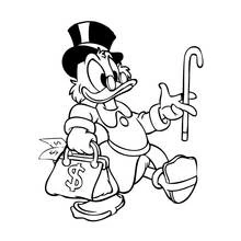 Dibujo de Scrooge McDuck caminando con bastón y bolsa de dinero para colorear