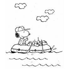 Dibujo de Snoopy en una balsa sobre el agua con amigos para colorear
