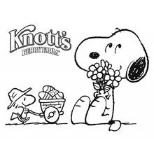 Dibujo de Snoopy sosteniendo flores con Woodstock tirando de un carrito para colorear