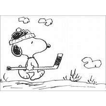 Dibujo de Snoopy caminando con un palo de hockey para colorear