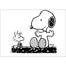 Dibujo de Snoopy de pie con Woodstock sobre un suelo rocoso para colorear