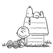Dibujo de Snoopy durmiendo sobre su caseta con Charlie Brown para colorear