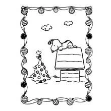 Dibujo de Snoopy sobre su caseta en Navidad para colorear